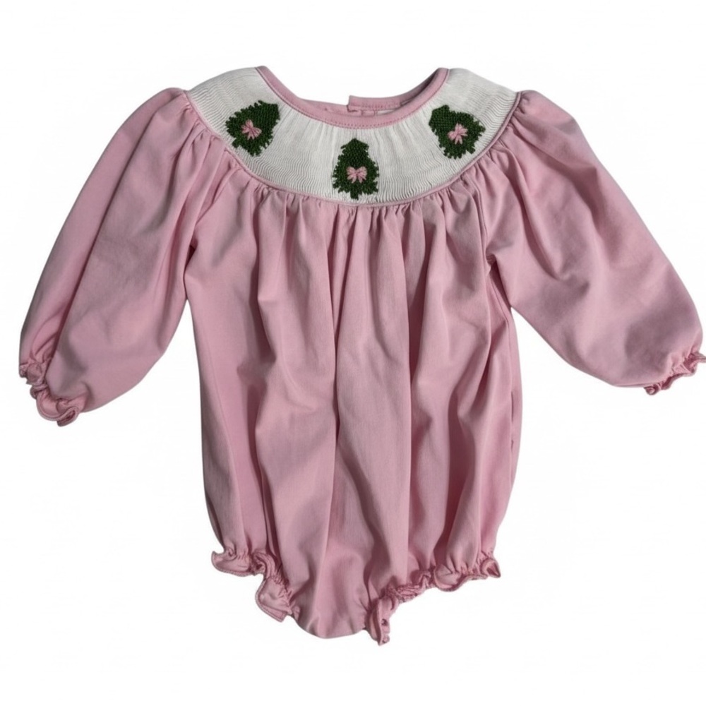 Pink Smocked Christmas Wreath Bubble – 6M – Boutique Style